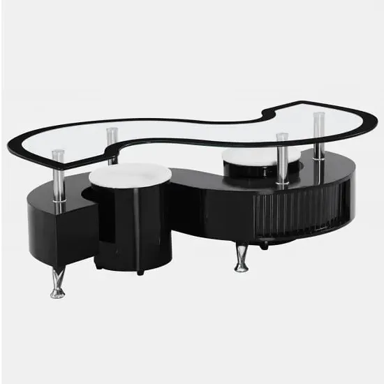 Kalida Glass Coffee Table with 2 Stools - Black, Glass