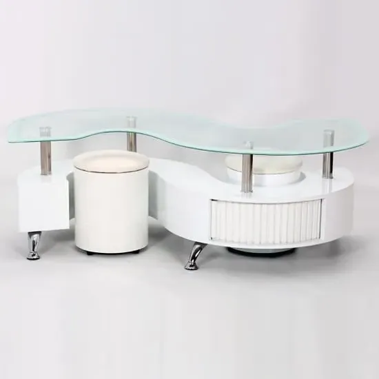 Kalida Glass Coffee Table with 2 Stools - White, Glass