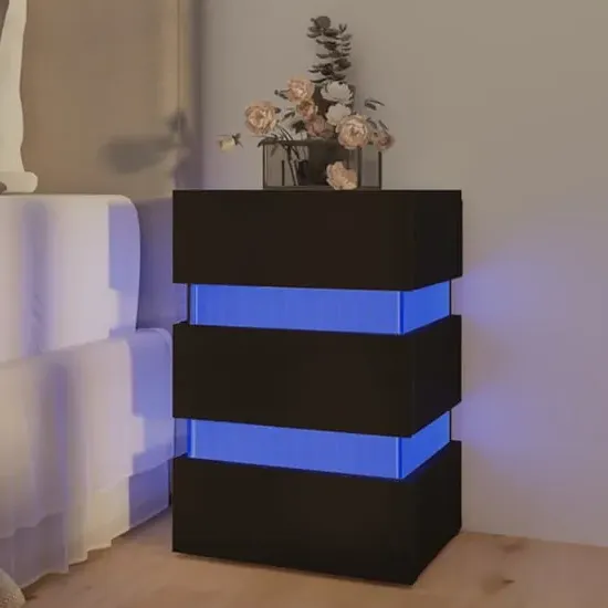 Kame Bedside Cabinet with LED Lights - Black, Chipboard image