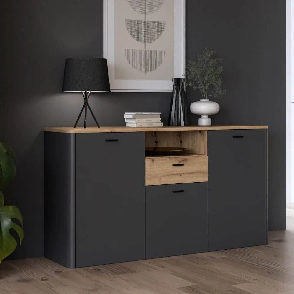 Kanata Wooden Sideboard with 3 Doors 1 Drawer - Grey, Oak image