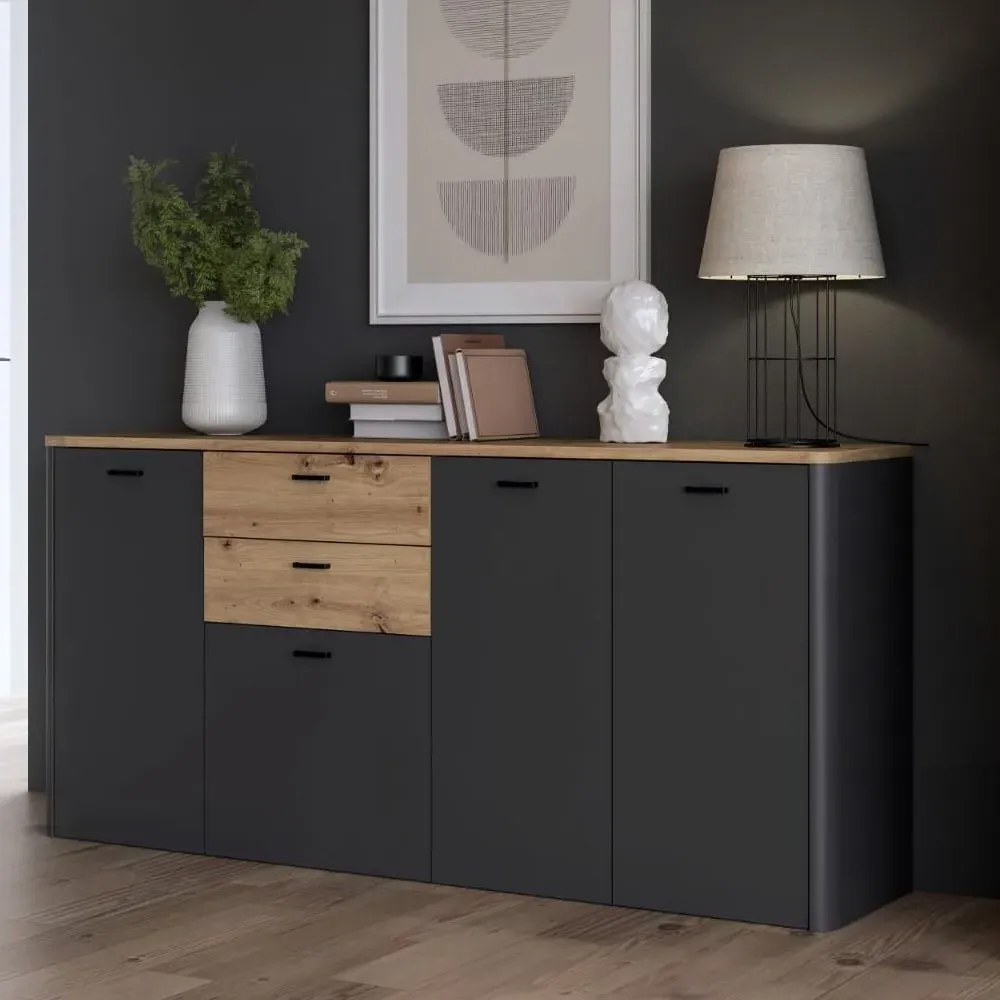 Kanata Wooden Sideboard with 4 Doors 2 Drawers - Grey, Oak