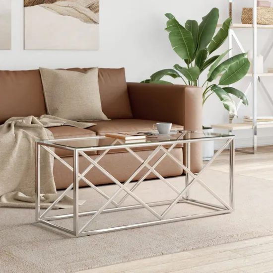 Keeya Rectangular Coffee Table - Silver, Tempered Glass product