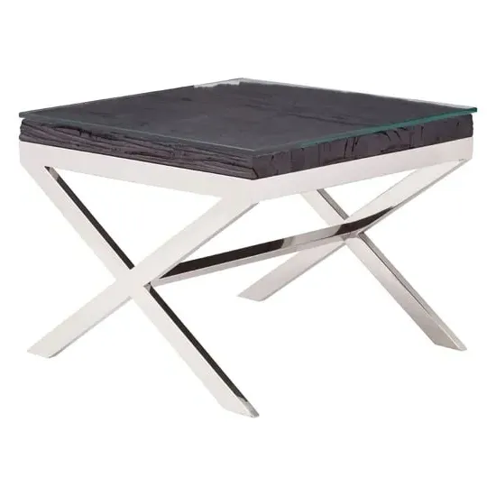 Kero Glass Top End Table with Cross Base - Black