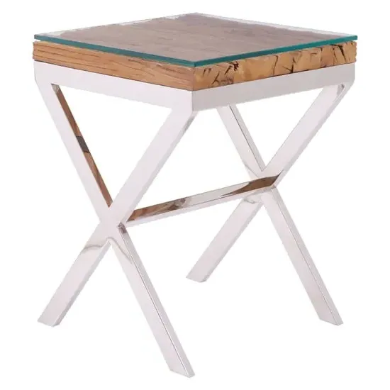 Kero Glass Top Side Table with Cross Base - Natural image