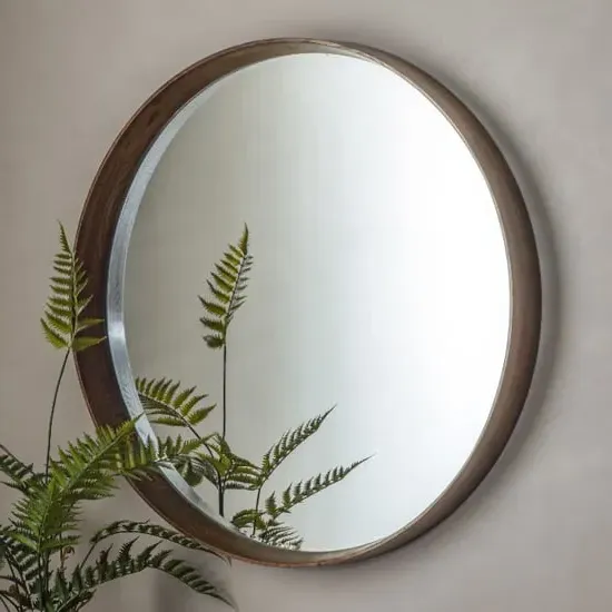 Kinder Round Large Bevelled Wall Mirror - Walnut