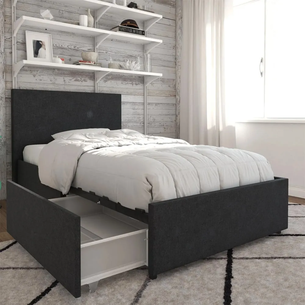 Kingston Single Bed Frame with Storage - Dark Grey, Fabric