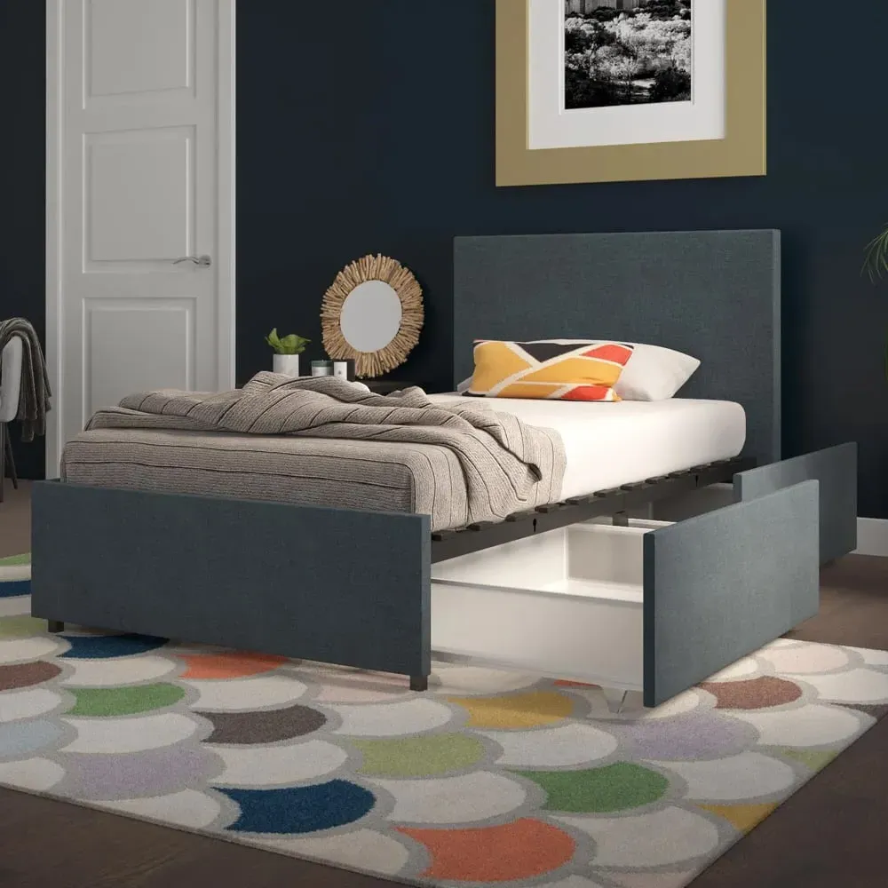 Kingston Single Bed Frame with Storage - Navy, Fabric image