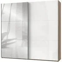 Kraza Wide Sliding Mirrored Wardrobe - White, Planked Oak