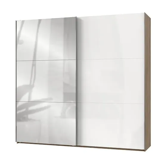 Kraza Wide Sliding Mirrored Wardrobe - White, Planked Oak