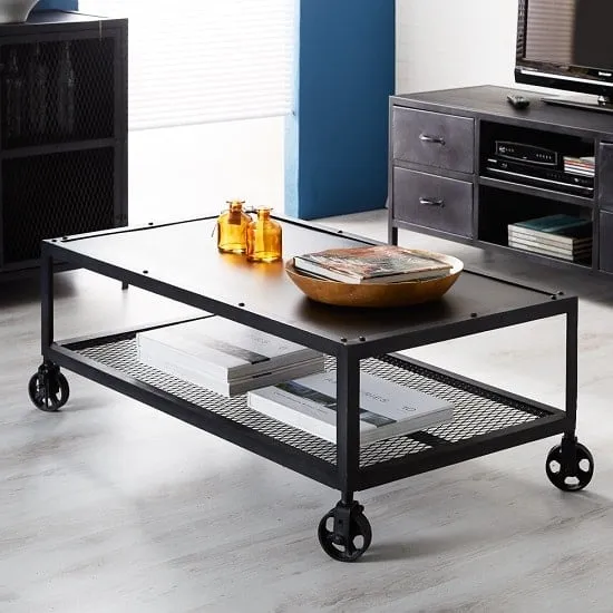 Kristel Rectangular Coffee Table with Wheels - Dark Iron