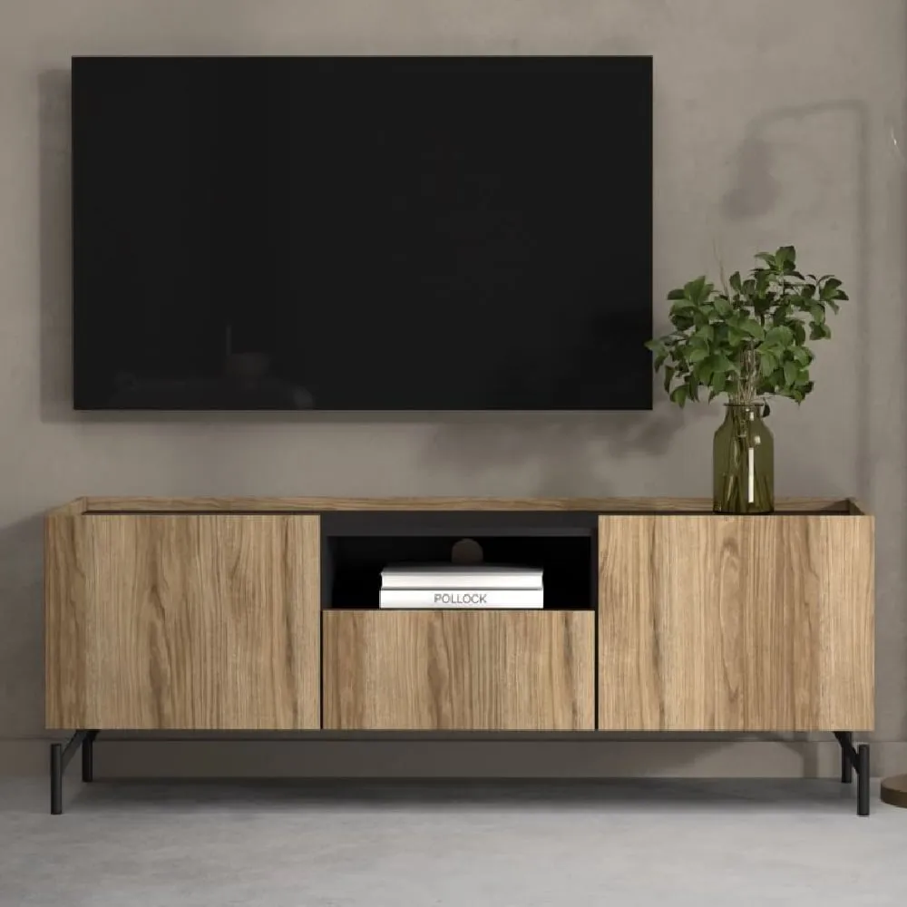 Krum Wooden TV Stand with 2 Doors 1 Drawer - Oak, Black image