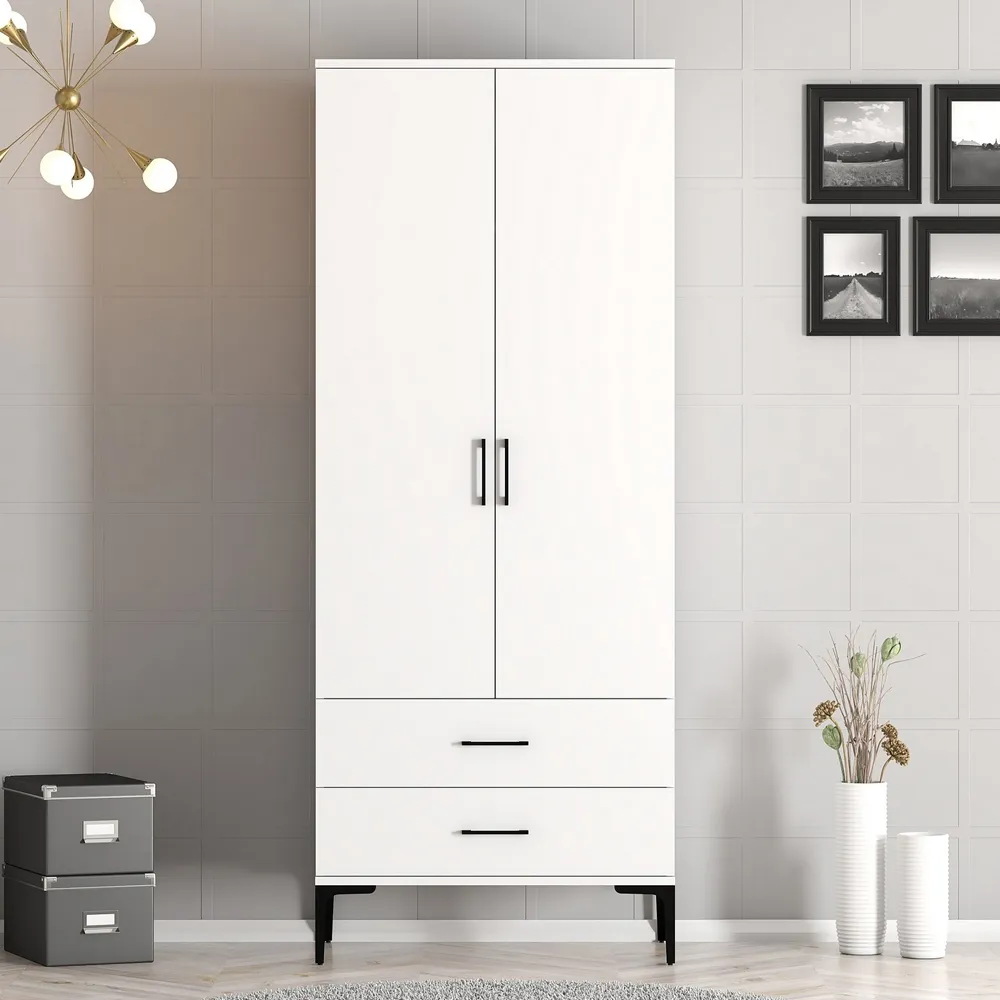 Kumsal 2-Door Wardrobe with 2 Drawers - White, Melamine product