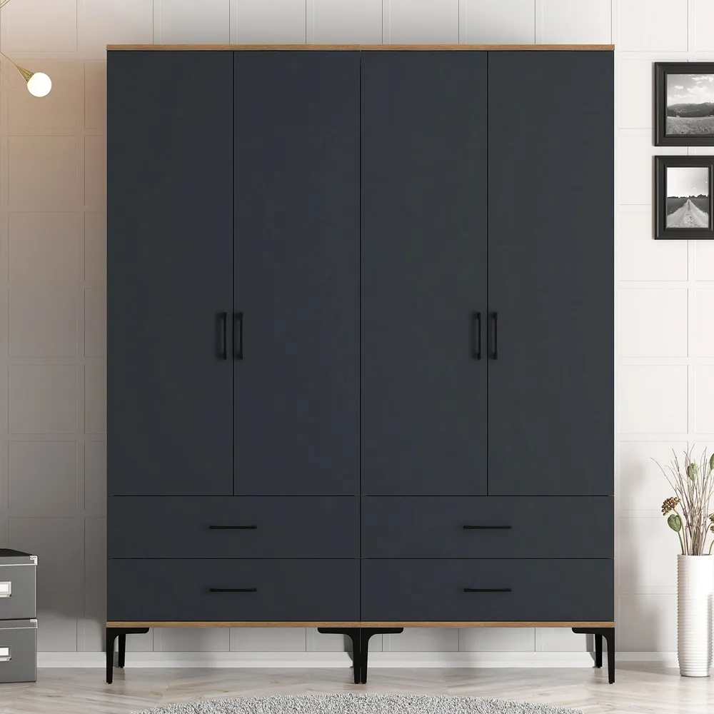 Kumsal 4-Door Wardrobe with Drawers - Anthracite, Walnut product