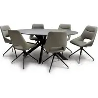 Lacole Oval Dining Table with 6 Aara Chairs - Grey, Sintered Stone