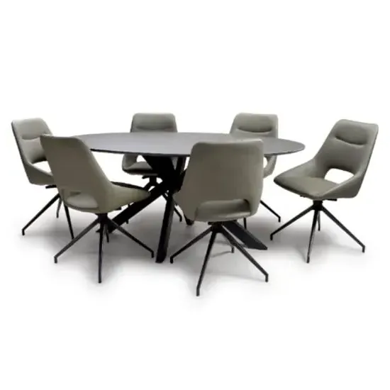 Lacole Oval Dining Table with 6 Aara Chairs - Grey, Sintered Stone