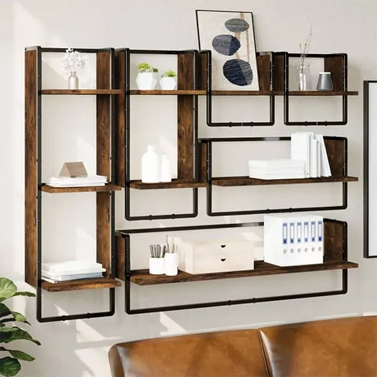 Lagos Wall Shelf with 6 Compartments - Smoked Oak