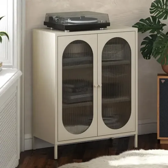 Lakes Metal Storage Cabinet with Fluted Glass Doors - Parchment