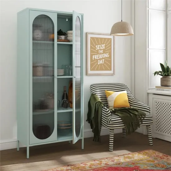Lakes Tall Storage Cabinet 2 Fluted Glass Doors - Sky Blue, Metal product