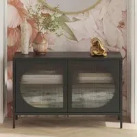 Lakes Wide Metal Storage Cabinet with Fluted Glass Doors - Black