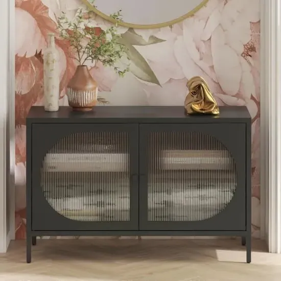 Lakes Wide Metal Storage Cabinet with Fluted Glass Doors - Black image