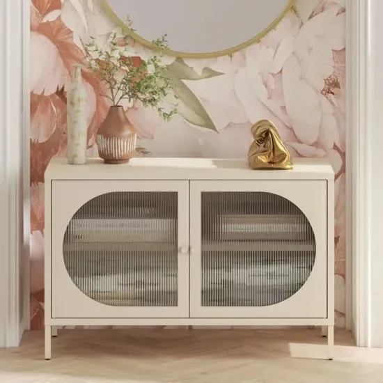 Lakes Wide Metal Storage Cabinet with Fluted Glass Doors - Parchment