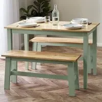 Lamar Dining Table with 2 Benches - Green, Wood