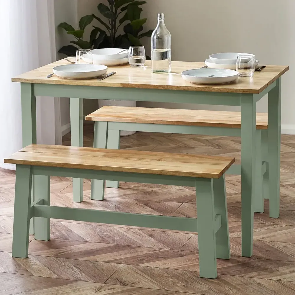 Lamar Dining Table with 2 Benches - Green, Wood