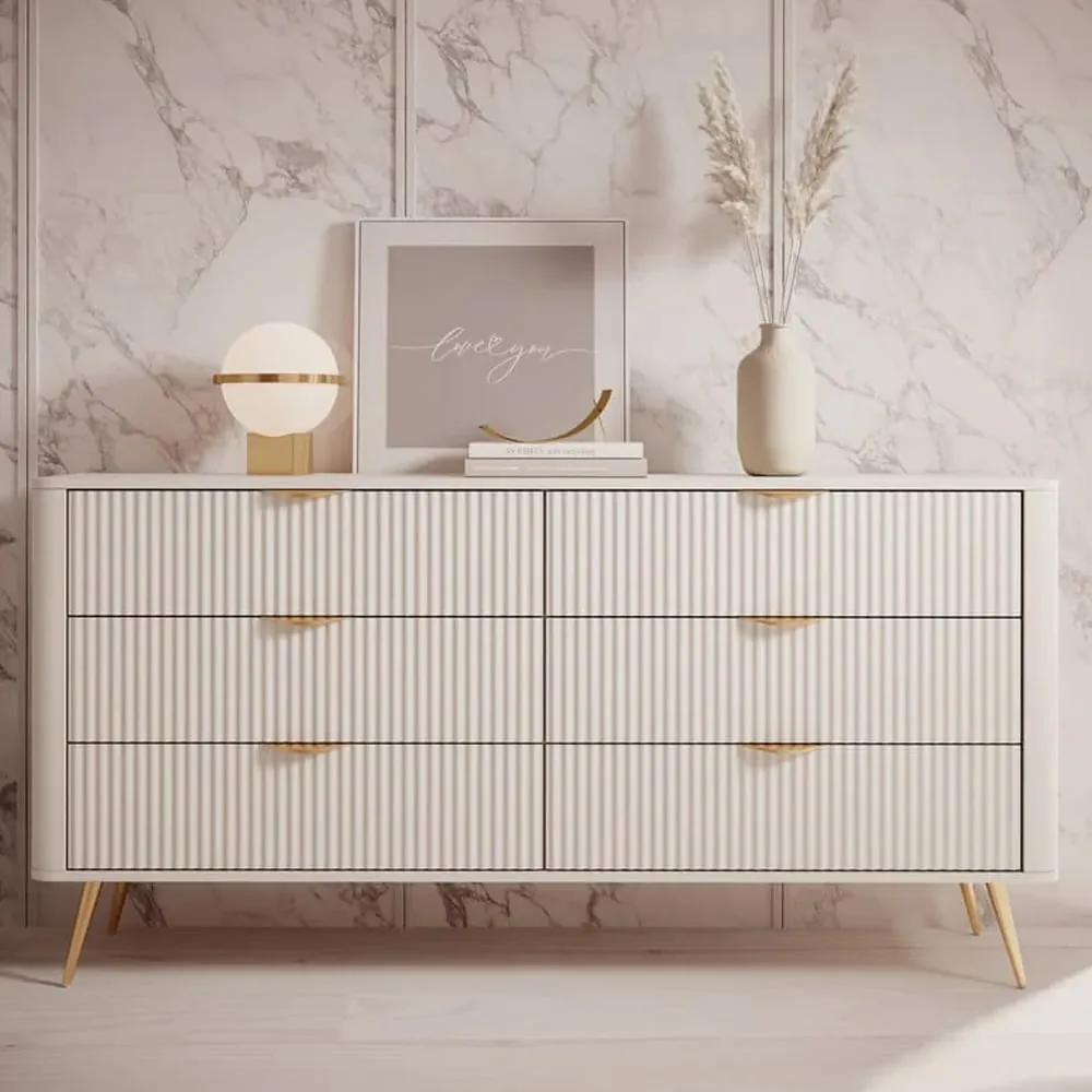 Lampe 6-Drawer Chest with Metal Legs - Beige, Laminated Board