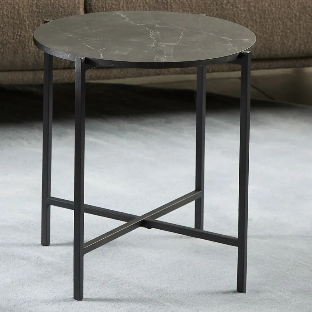 Lampe Round Side Table - Black Marble Effect, Wood product