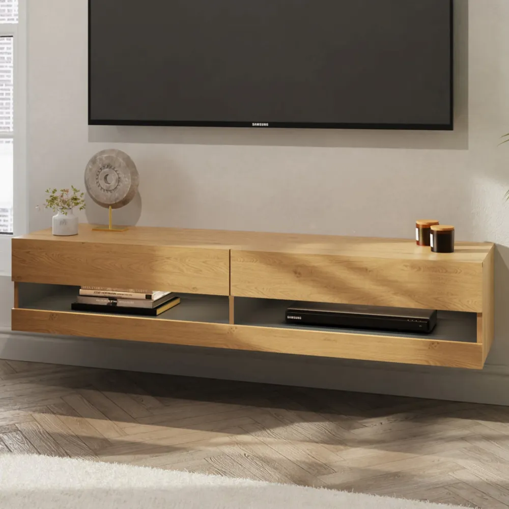 Langley Large Wall Hung TV Stand with LED - Oak, Wood