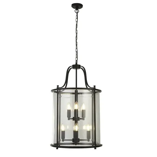 Lantern 8 Light Ceiling Pendant Light - Black, Glass