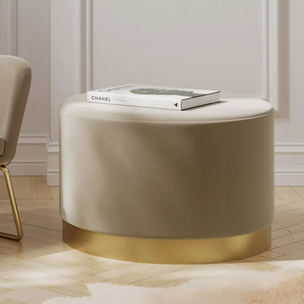 Lara Large Velvet Pouffe with Gold Base - Beige