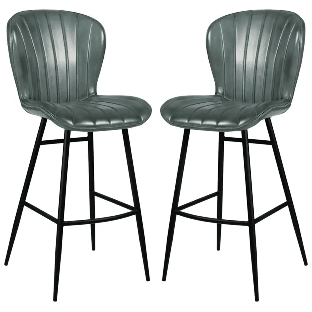 Laramie Bar Stools in Pair - Steel Grey, Genuine Leather
