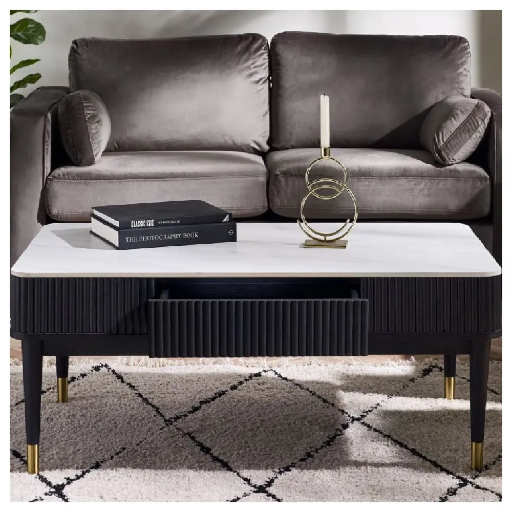 Laurel Stone Lamp Table with Drawer - White Marble Effect image