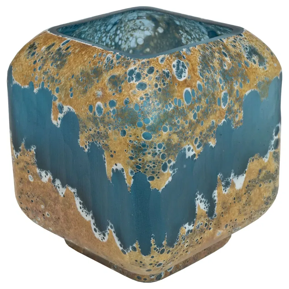 Laval Cube Glass Planter - Blue, Gold image