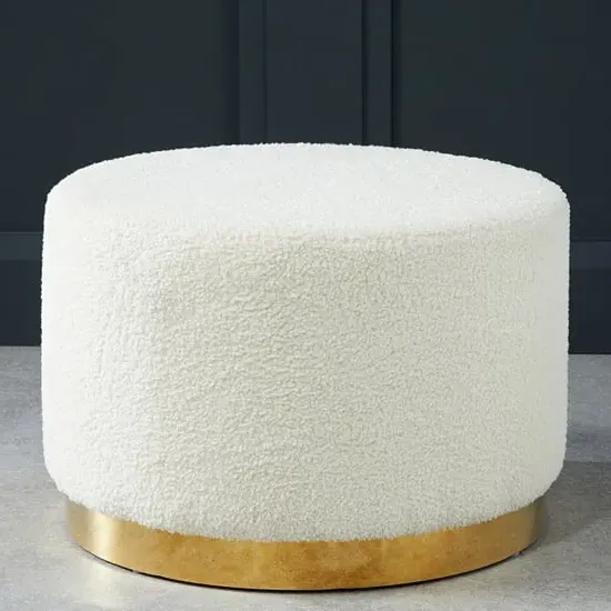 Lewes Large Pouffe with Gold Base - White, Boucle Fabric