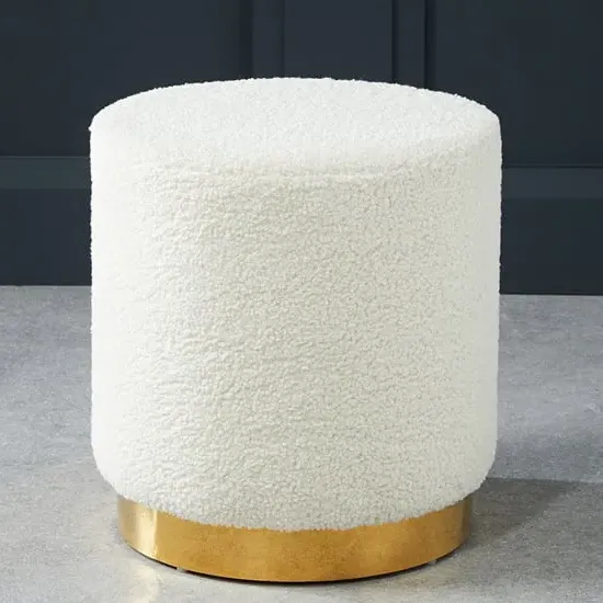 Lewes Small Pouffe with Gold Base - White, Boucle Fabric image