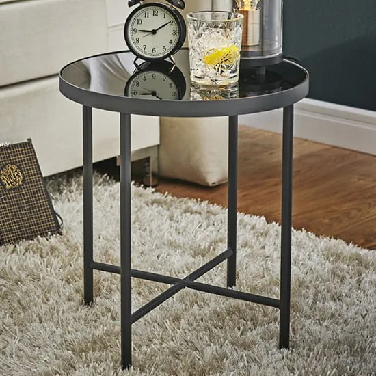Lewiston Round Side Table - Black Glass, Anthracite Steel
