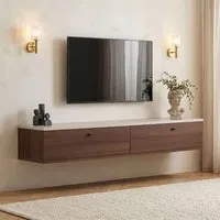 Ligne Wall Mounted TV Stand with 2 Doors - Walnut, Travertine Marble Effect alternate view