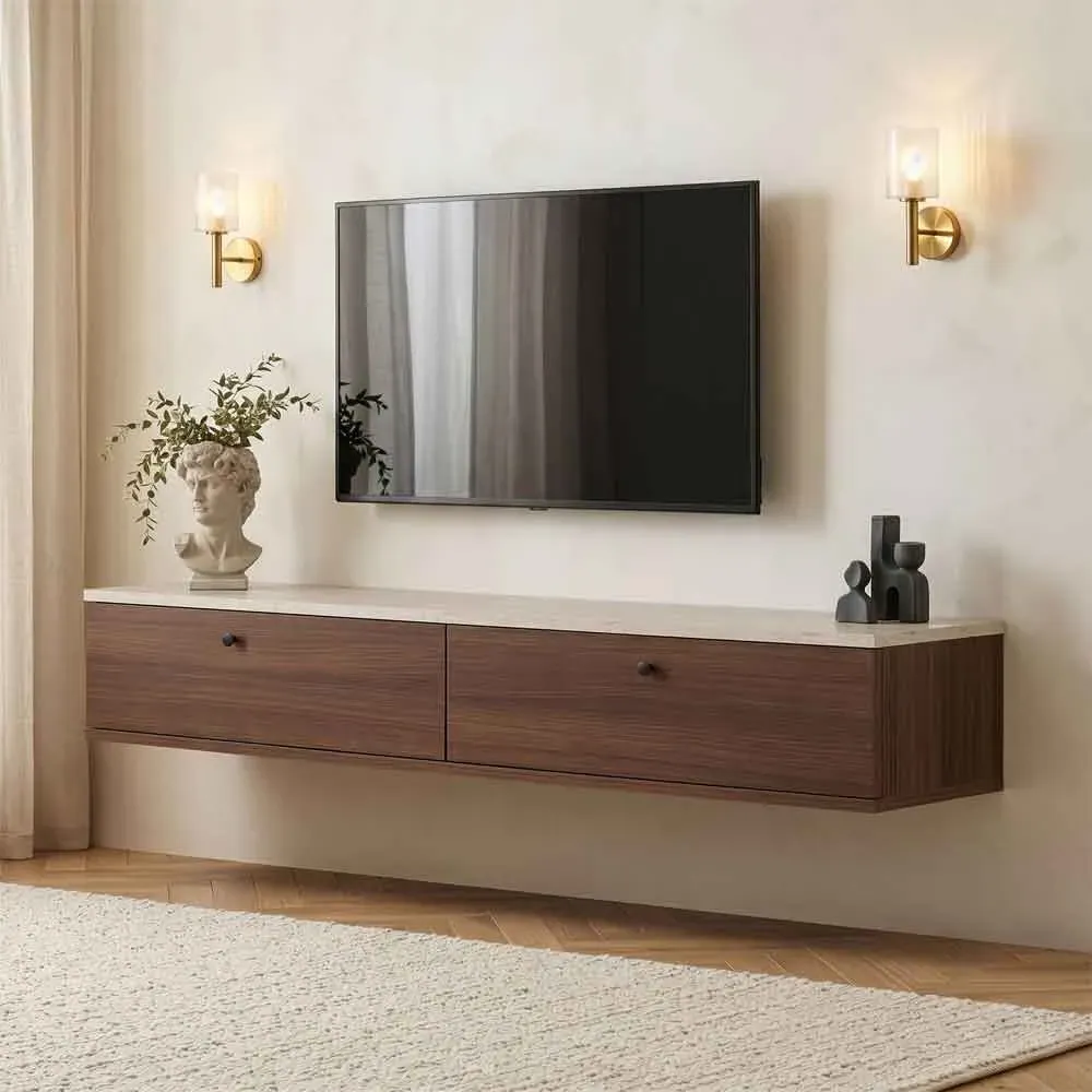 Ligne Wall Mounted TV Stand with 2 Doors - Walnut, Travertine Marble Effect product