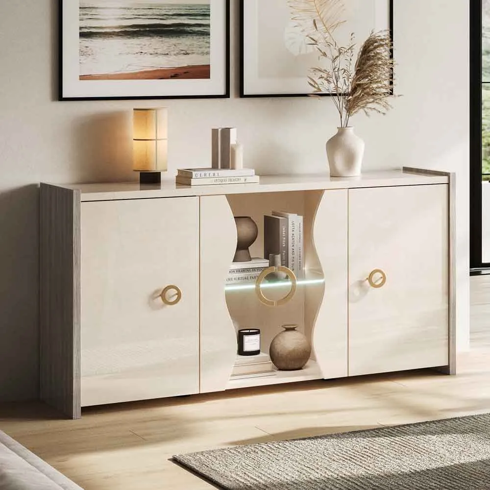 Losea Small Sideboard with LED and 4 Doors - Brown Marble, High Gloss product