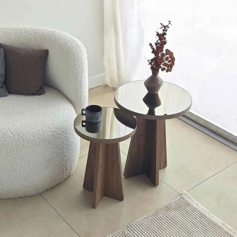 Luna Round Nest of 2 Side Tables - Walnut, Melamine Chipboard product