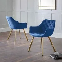 Lynaro Dining Chair with Golden Legs, Pair - Blue, Velvet alternate view