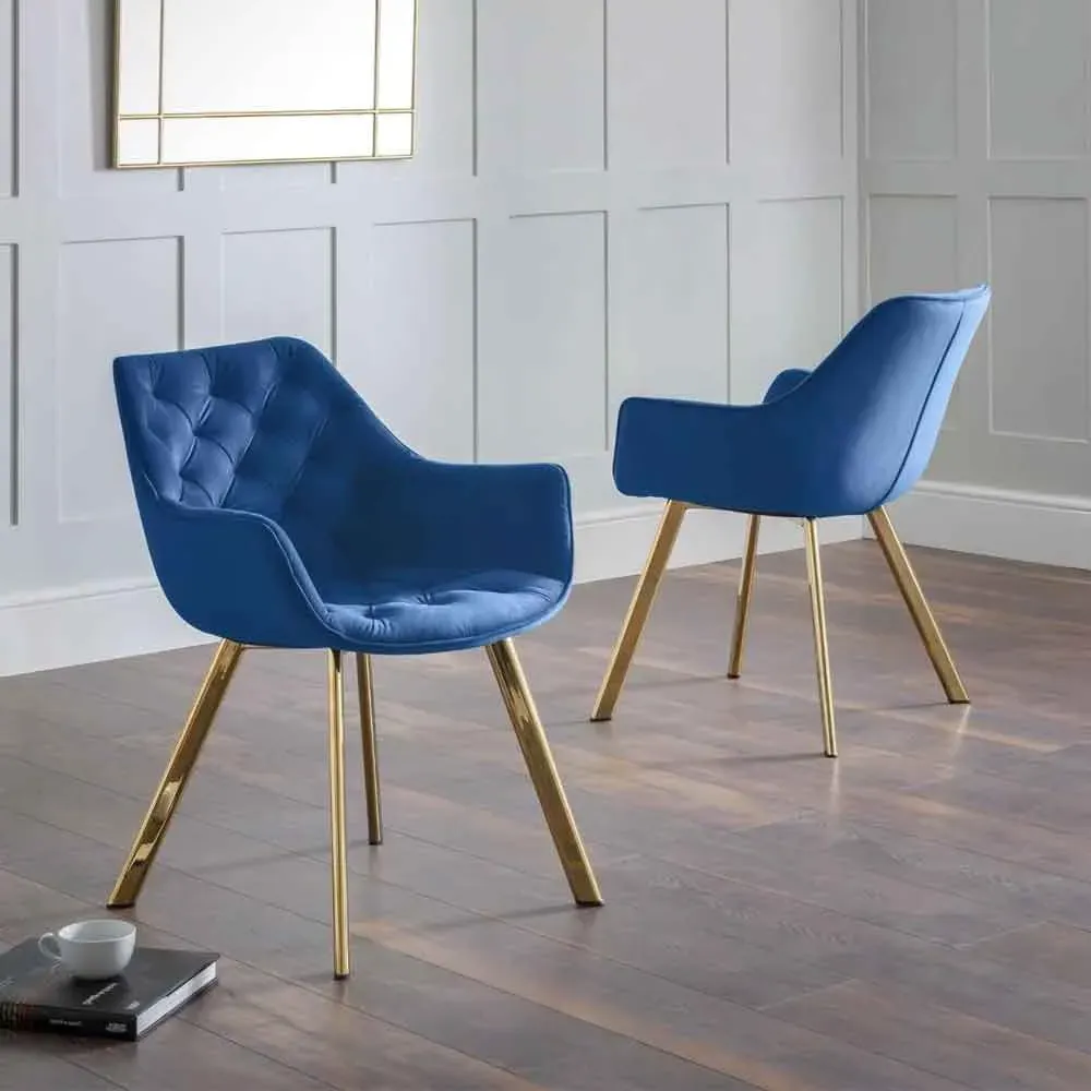 Lynaro Dining Chair with Golden Legs, Pair - Blue, Velvet product