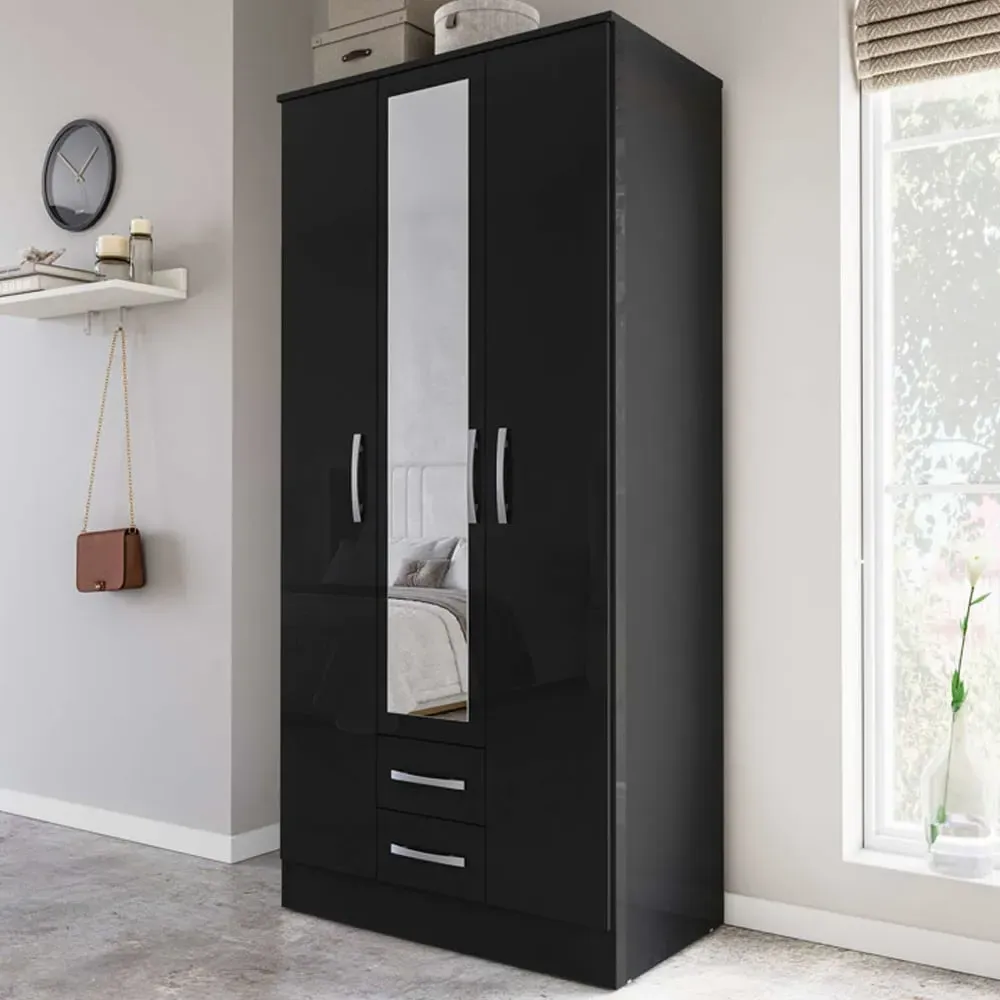 Lynn 3-Door Wardrobe with Storage - Black, High Gloss image