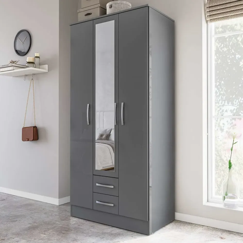 Lynn 3-Door Wardrobe with Storage - Grey, High Gloss