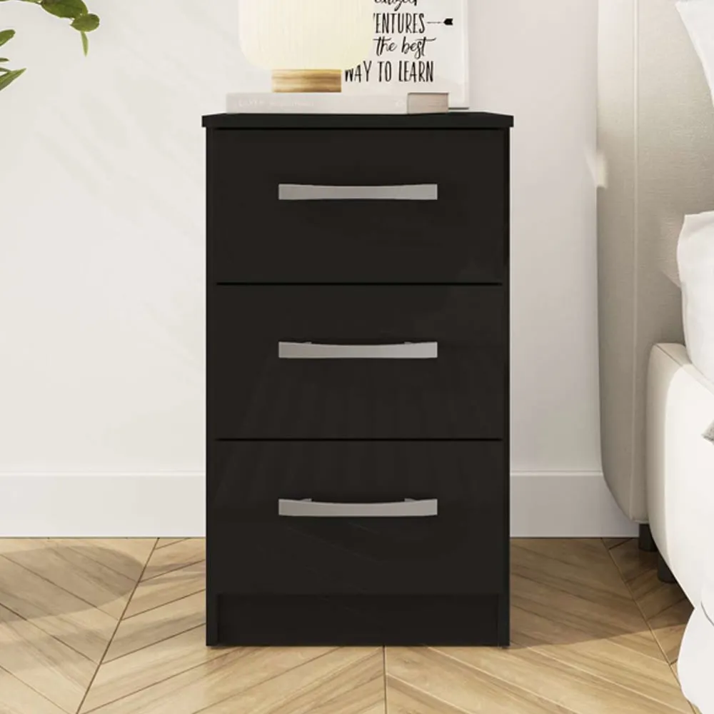 Lynn 3-Drawer Bedside Cabinet - Black, High Gloss image