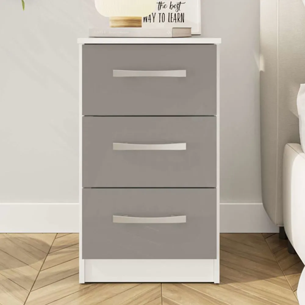 Lynn 3-Drawer Bedside Cabinet - Grey and White, High Gloss