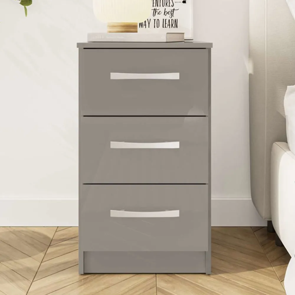 Lynn 3-Drawer Bedside Cabinet - Grey, High Gloss