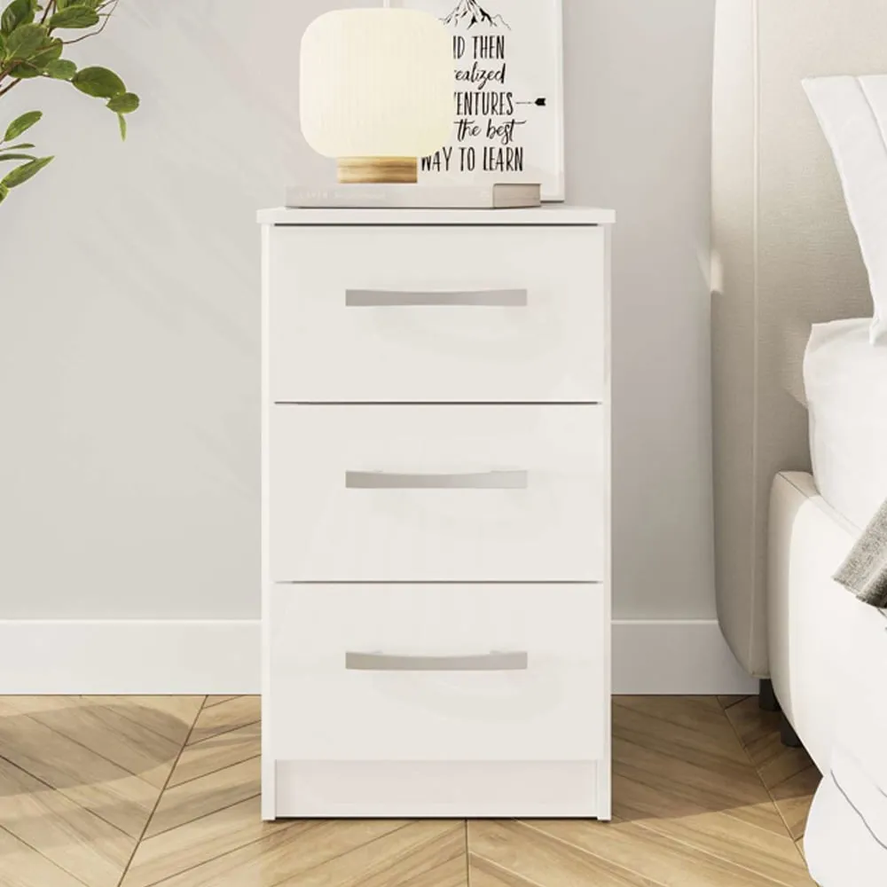 Lynn 3-Drawer Bedside Cabinet - White, High Gloss